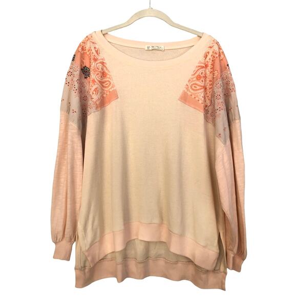 Free People We the Free Feelin' It Embroidered Top Shirt Peach Boho Womens Small - Picture 1 of 5